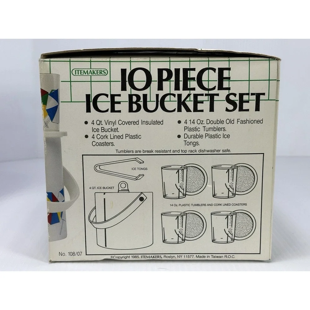VTG ITEMAKERS 10 Pc Ice Bucket Set‎ 4 Tumblers 4 Coasters Tongs Umbrellas NOS 85